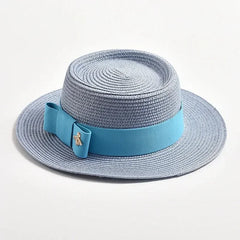 NEW Spring Summer Straw Hats for Women Round Bumpy Surface Flat Top Bowknot Dress Cap Travel Beach Sun Hat Gorra