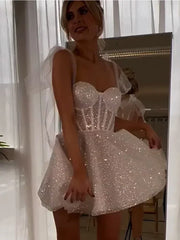 Smileven Short Wedding Dress A Line Sweetheart Neck Shiny Glitter Bride Dresses Mini Bows Strap Vestido de novia 2024 Customized