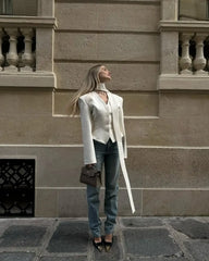 Tossy Elegant Female Striped Suit Coat For Women Scarf Lace-Up Patchwork V-Neck Long Sleeve Luxury Outwear Female Jackets Coat