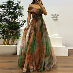 Women 2025 Pattern High Waist Party Dress Sexy Slit Mesh Cocktail Gala Dress Fashion One Shoulder Female Pleated Evening Dress