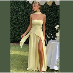 Butter Yellow Mesh Splicing Long Dress Elegant Strapless Split Backless Pleated Gowns For Women 2025 Lady Evening Party Gowns