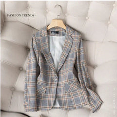 Gray Striped Plaid Blazer Jacket Women's Fashion Slim Coats V-Neck Single Button Ladies Blazers S-XXXXXL