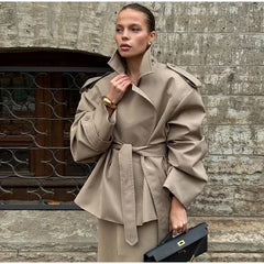 Women's Lace-up Cropped Trench Coat Chic Collar Long Sleeves Lapel Wide Shoulder Windbreaker Jacket Fall Commuting Daily Jackets