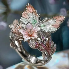 Aesthetic Flower Butterfly Rings for Female Romantic Rhinestone Stylish Non-fading Opening Ring Women Wedding Jewelry Party Gift