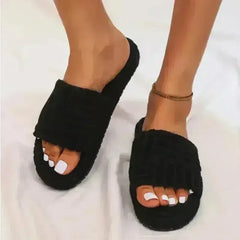 Thick Bottom Embossed Cotton Fur Women Slides - Femstylo