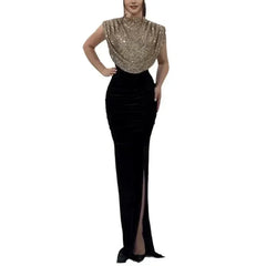Lady Fashion Sleeveless Draped Split Dress Casual O Neck Sequin Splicing Party Dress 2025 New Year Elegant High Waist Long Dress