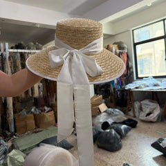 Straw summer hat French elegant ladies seaside travel sun hat Hepburn style wide brim hat 햇빛가리개 모자 모자