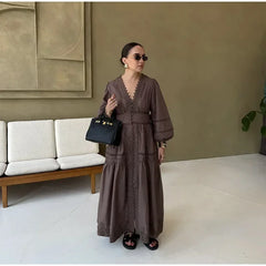 Elegant Lace Patchwork Hollow Out Dress Women Solid V-neck Long Lantern Sleeve Loose Dresses 2025 Spring Vacation Lady Robes