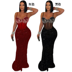 Long Dress Women Sexy Party Dresses Sling Bodycon Vestidos Streetwear Club Sequin Hot Drilling Elegant High Waist Y2k Evening