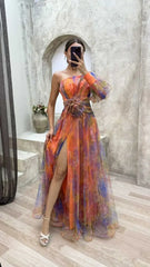 Elegant Oblique Shoulder Single-sleeve Zipper High Slit Mesh Long Dress For Women Fashion Flower Decoration Party Dress Female