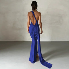 Hugcitar One Shoulder Backless Adjustable Scarf Loop Ruched Sexy Maxi Dress Women Elegant Y2K Streetwear Festival Outfit