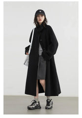 CHIC VEN Korean Women Woolen Coat Single Breasted Loose Stand Collar Belt Long Double-sided Ladies Overcoat Autumn Winter 2024