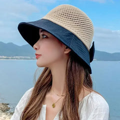 Summer Women Bucket Hat UV Protection Sun Hats Soft Foldable Wide Brim Outdoor Beach Hat Panama Cap Ponytail Cap