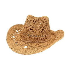 Summer Outdoor Men Women Hand-woven Western Cowboy Straw Hats Wide Brim Breathable Beach Jazz Cap Sun Protection Hat