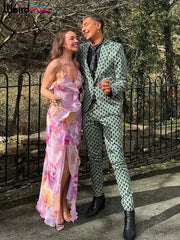 Weird Puss Flower Print Dress Woman Summer Strapless Splits Irregular Tassel Patchwork Backless Bandage Party Skinny Vestidos