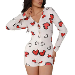 Ladies one-piece bodysuit sexy hot girl pajamas heart digital print short-sleeved set shorts home wear