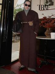 TRAF Women Fashion Solid Color Wool Lengthened Coat Elegant Warm Street Coat Autumn and Winter Retro Pocket Double-Breasted Coat