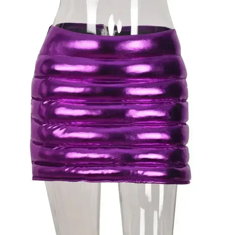 Purple Women's Puffer Skirt Metallic Shiny Warm Quilted Mini Skirts - Femstylo