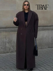 TRAF Women Fashion Solid Color Wool Lengthened Coat Elegant Warm Street Coat Autumn and Winter Retro Pocket Double-Breasted Coat
