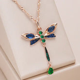 Kinel Hot Blue Natural Zircon Dragonfly Pendant Necklace For Women 585 Rose Gold and Black Plating Vintage Daily Fine Jewelry