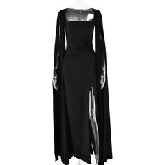 Mozision Long Cape Sleeve Split Maxi Dress For Women Gown Fashion Solid Square Collar Evening Sexy Long Dress Elegant New