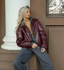 TRAFZA Wine Red Faux Leather Jakcet Fashion Outerwear Thicken Zipper Lapel Pu Coats Autumn Winter Streetwear Ladies Tops Women