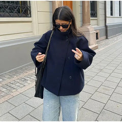 Fashion Women's Stand Collar Woolen Coats Long Sleeve Loose Female Short Coat 2025 Autumn Winter Office Lady Street Jacket