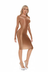 Sexy Women Oil Glossy Shiny Tight Pencil Dress Stain Smooth Bodycon Dress Elastic Push Up Packet Hip Stretch Step Dress