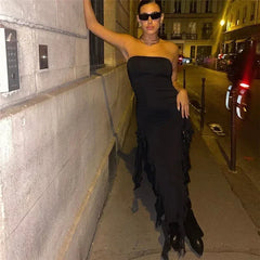 Cryptographic Irregular Ruffle Off Shoulder Sexy Backless Midi Dress for Women Elegant Birthday Vestido Summer Sundresses Ruched