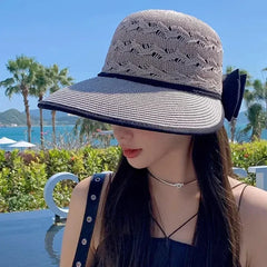 Women's Summer Straw Hat UV Protection Wide Brim | Breathable Bow Sun Hat Fashion Beach Accessory