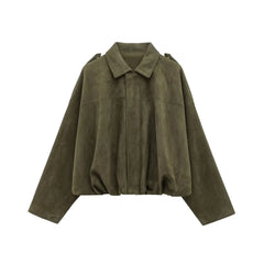 TRAFZA Women Brown Green Suede Jacket Loose Casual Bomber Coat Lapel Zipper Long Sleeve Jackets Vintage Lady Motorcycle Outwears