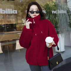 Women Winter Double Coral Fleece Warm Coat Stand Collar Plush Thick Overcoat Female Fashion Casual Long Sleeve Zipper Clothes