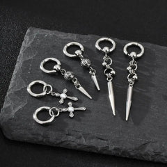 Punk Men's Huggies Earrings,Vintage Long Chain Stainless Steel Ear Drop,Stylish Cross Earring Gift