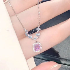 Luxurious Square Pink Zircon Pendant Necklace For Women Fashionable Personalized Daily Accessory Party Jewelry Birthday Gifts