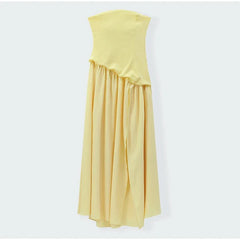 Butter Yellow Mesh Splicing Long Dress Elegant Strapless Split Backless Pleated Gowns For Women 2025 Lady Evening Party Gowns