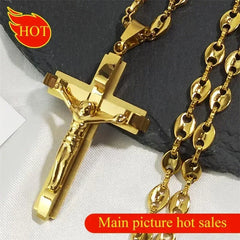Jesus Cross Crucifix Pendant Necklace for Men Stainless Steel Gold Color Christian Coffee Bean Chain Jewelry croix chrétienne