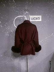 UCXQ Elegant OL Office Lady Overcoats Fur Patchwork Long Sleeve Woolen Coat Beautiful Women's Clothing Jacket Autumn 2025 Spring