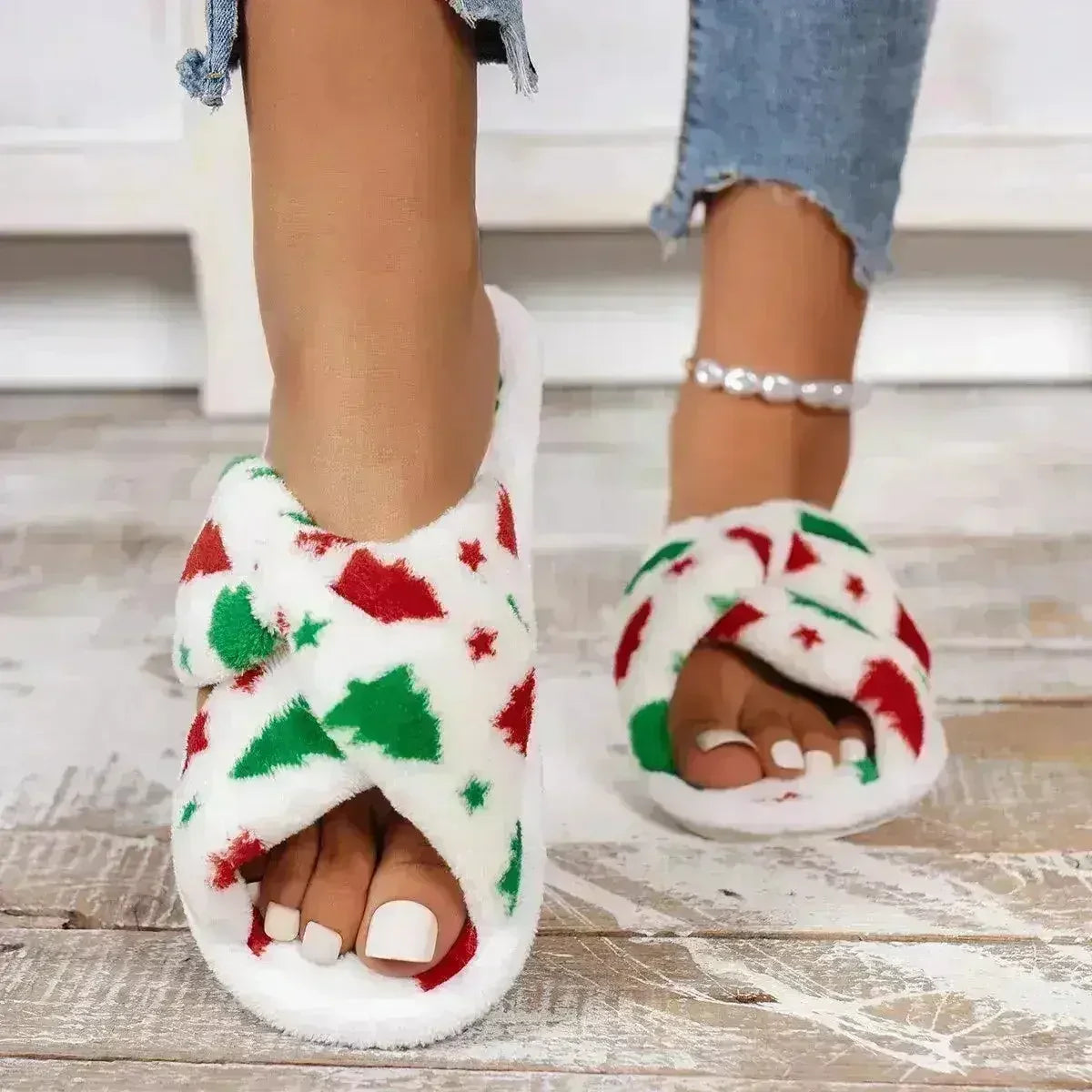 Christmas Tree Pattern Furry Bedroom Slippers - Femstylo