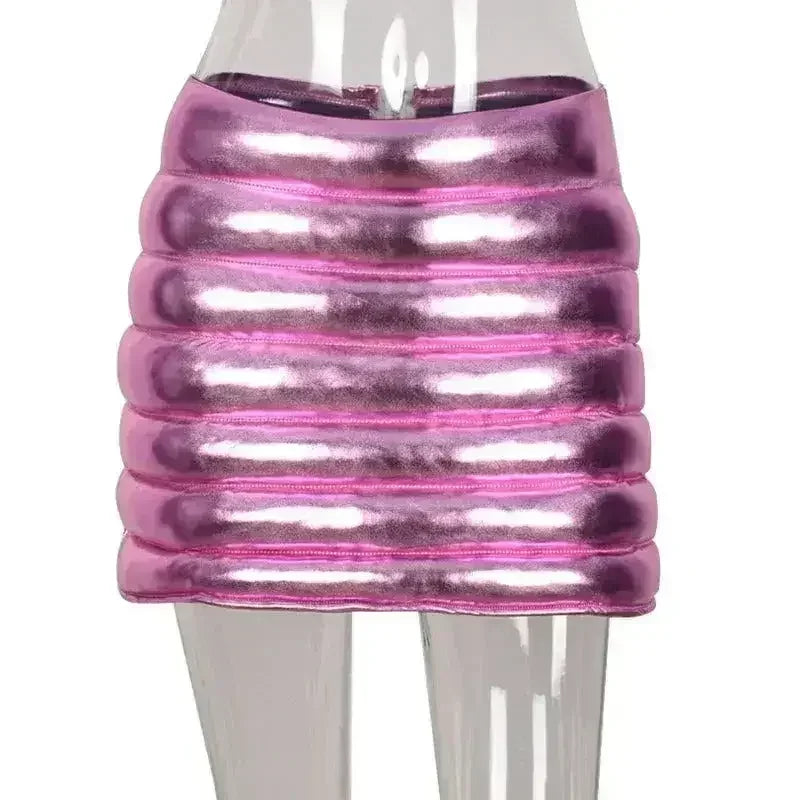 Pink Women's Puffer Skirt Metallic Shiny Warm Quilted Mini A-line - Femstylo