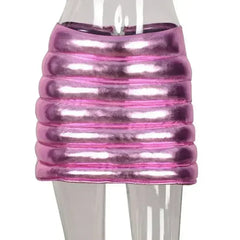 Pink Women's Puffer Skirt Metallic Shiny Warm Quilted Mini A-line - Femstylo