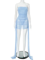 Weird Puss See Through Dress Women Backless Sleeveless Tassel Double Deck Pleated Sexy Midnight Clubwear Party Mini Bodycon