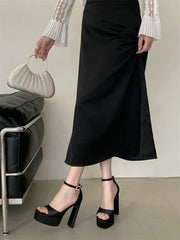 Liyke Runway Style Black High Heels Platform Sandals For Women Cozy Silk Square Toe Buckle Strap Lady Party Dress Shoes Size 40