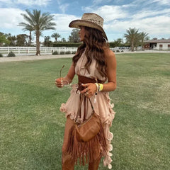 Elegant Ruffle Mini Skirt Set Women Sleeveless Halter Irregular Ruffles Top Mini Loose Short Skirts Sets 2025 Summer Lady Suit