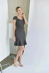 Chelsea Dress - Cap sleeve pinstripe dress with self belt and ruffle - Femstylo