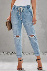 Sky Blue Gather Round Distressed Pocketed Hole Denim Jogger - Femstylo