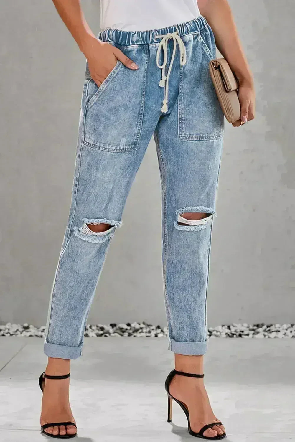 Sky Blue Gather Round Distressed Pocketed Hole Denim Jogger - Femstylo