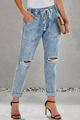 Sky Blue Gather Round Distressed Pocketed Hole Denim Jogger - Femstylo