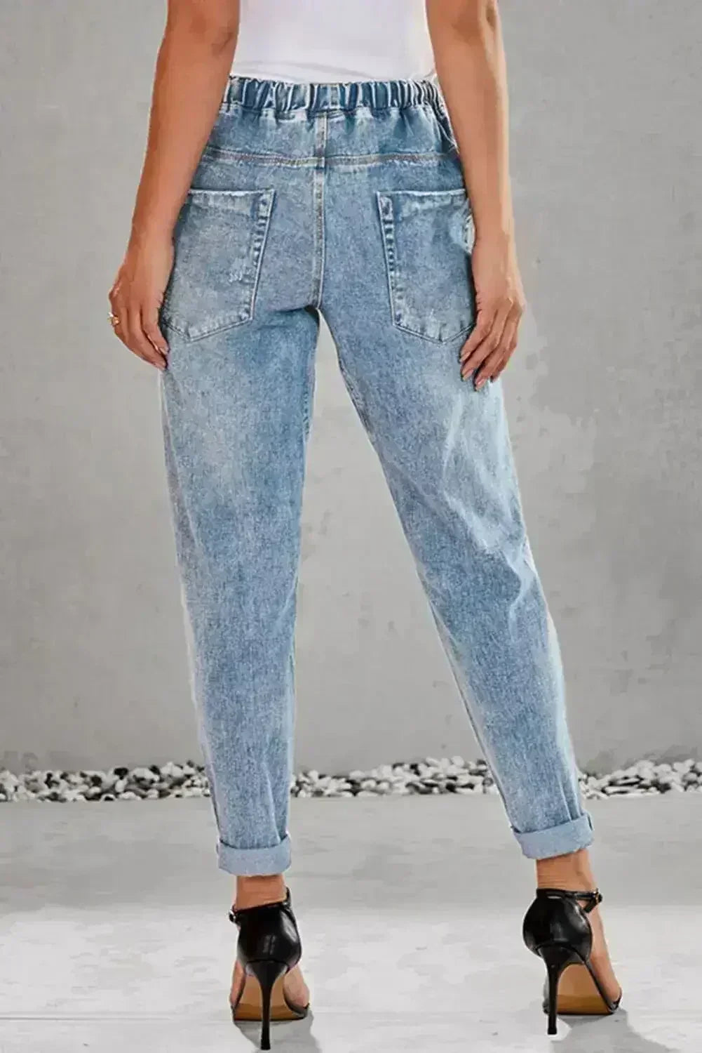 Sky Blue Gather Round Distressed Pocketed Hole Denim Jogger - Femstylo