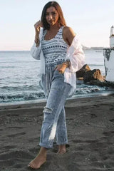 Sky Blue Gather Round Distressed Pocketed Hole Denim Jogger - Femstylo