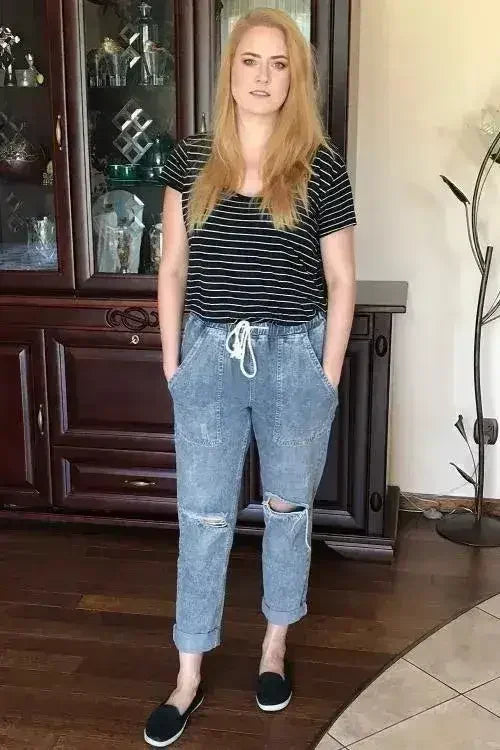 Sky Blue Gather Round Distressed Pocketed Hole Denim Jogger - Femstylo